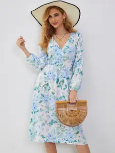 StyleCast Blue & Green Floral Print Fit & Flare Midi Dress