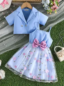 INCLUD Girls Floral Embroidered Fit & Flare Knee Length Dress With Crop Jacket