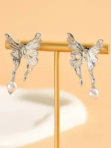 VAGHBHATT Silver-Plated Pearls Studded Wings Shaped Studs