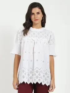 Global Republic Women Self Design Round Neck Cotton Schiffli Empire Top