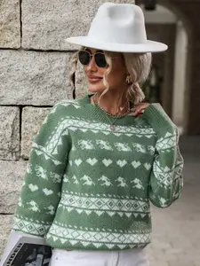 StyleCast Green Geometric Self Design Pullover