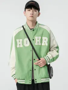 StyleCast x Revolte Men Stand Collar Typography Printed Casual Bomber Jacket