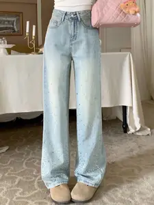 StyleCast Women Embellished Straight Fit High-Rise Heavy Fade Denim Jeans