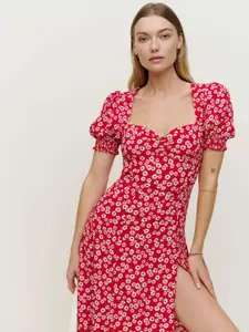 StyleCast Red Floral Printed Puff Sleeve A-Line Midi Dress