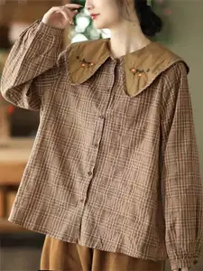 StyleCast x Revolte Women Checked Peter Pan Collar Linen Top