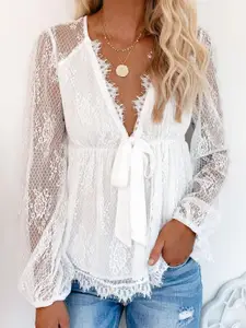 StyleCast White V-Neck Lace Up Floral Top