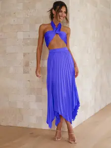 StyleCast Blue Halter Neck Crop Top & Accordion Pleated Skirt