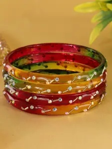 LAVAZZA Set Of 4 Zircon Diamond & Beads Work Glass Bangles