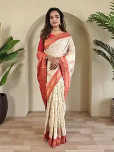 Anouk Women Beige Woven Design Silk Blend Handloom Paithani Saree