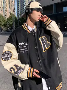 StyleCast x Revolte Men Stand Collar Typography Printed Casual Varsity Jacket