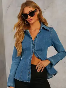 StyleCast Women Slim Fit Spread Collar Solid Denim Casual Shirt