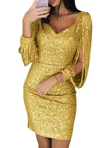 StyleCast V Neck Long Sleeves Sequin Embellished Sheath Mini Dress