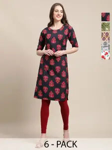 7Threads Women Pack Of 6 Ethnic Motifs Printed Daily Straight Kurtas