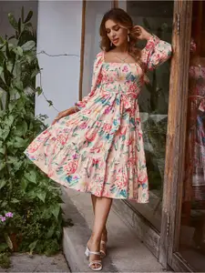 StyleCast Pink Floral Printed Bell Sleeve Smocked Belted Tiered Fit & Flare Dress