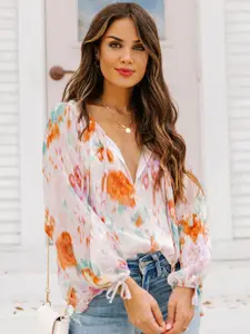 StyleCast White & Orange Abstract Printed Tie-Up Neck Puff Sleeves Top