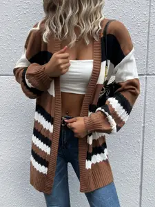 StyleCast Coffee Brown & White Colourblocked Longline Acrylic Front-Open Sweaters