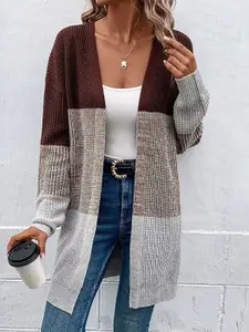 StyleCast x Revolte Brown & Grey Colourblocked Longline Shrug