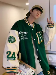 StyleCast x Revolte Men Stand Collar Typography Printed Casual Varsity Jacket