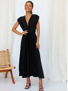 StyleCast Black V Neck Accordion Pleats A-Line Maxi Dress