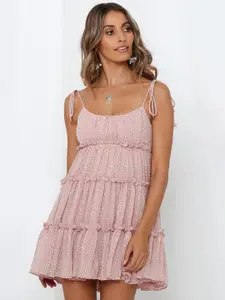 StyleCast x Revolte Pink Abstract Printed Shoulder Strap Empire Tiered Mini Dress