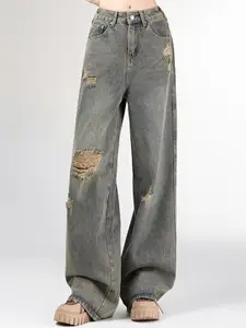 StyleCast Women Highly Distressed Mid-Rise Cotton Baggy Jeans