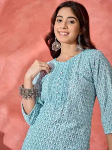 Sangria Floral Printed Round Neck Straight Kurta