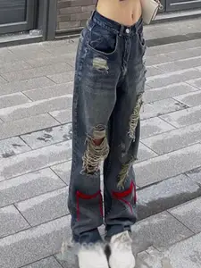 StyleCast Women Relaxed Fit High-Rise Highly Distressed Heavy Fade Jeans