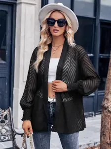 StyleCast Black Self Design Sheer Open Front Longline Shrug