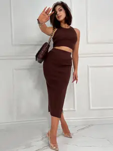 StyleCast Brown Ribbed Round Neck Top & Skirt