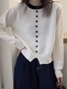 KPOP Women Button Detail Cotton Pullover