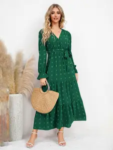 StyleCast Green  V-Neck Print Fit & Flare Midi Dress