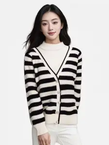 StyleCast Women Long Sleeves Front-Open Striped Sweater