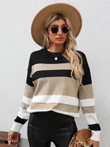 StyleCast Khaki & White Colourblocked Pullover Sweater