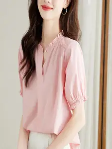 StyleCast Women Solid V-Neck Puff Sleeves Cotton Casual Top