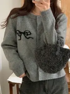KPOP Women Round Neck Long Sleeves Cardigan Sweater
