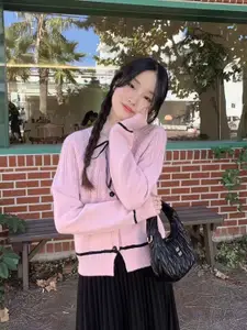 StyleCast Women Cable Knit Round Neck Long Sleeves Front-Open Sweaters