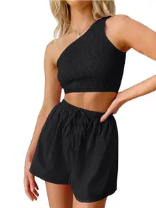 StyleCast Black One Shoulder Sleeveless Crop Top With Shorts Co-Ords