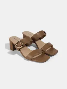 LEMON & PEPPER Solid PU Work Buckles Block Sandals Heels
