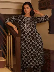 Spring Soul Women Floral Printed Mirror Work Regular Straight Kurta