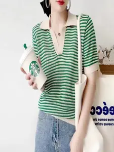 StyleCast Women Striped Polo Collar T-shirt