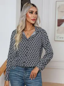 StyleCast Black Geometric Printed Spread Collar Casual Shirt