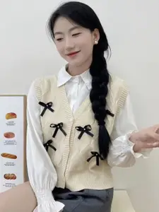 KPOP Women Self Design V-Neck Solid Sleeveless Front-Open Sweater