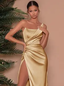 StyleCast Gold-Toned One-Shoulder Sleeves Gathered Detailed Maxi Dress