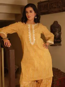 Spring Soul Women Leheriya Printed Regular Straight Above Knee Kurtas Mirror Work