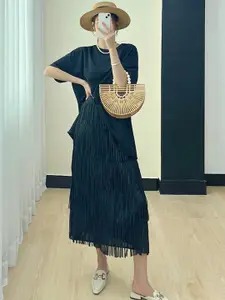 StyleCast Navy Blue Layered Frills Detail Flared Midi Skirt