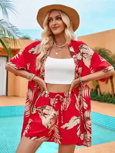 StyleCast Red Floral Printed Shrug With Shorts