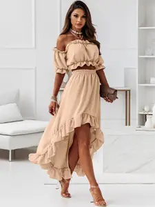 StyleCast Beige Off Shoulder Ruffles Crop Top With Skirt