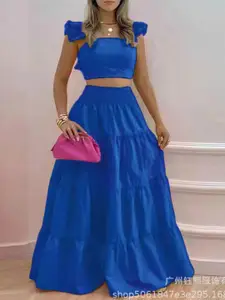 StyleCast Blue Shoulder Straps Crop Top With Skirt