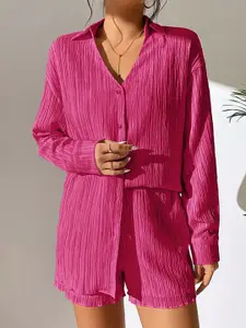 StyleCast Pink Shirt Collar Cuffed Sleeves Shirt With Shorts