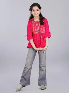 DMP FASHION Girls Ethnic Motifs Embroidered Tie-Up Neck A-Line Top